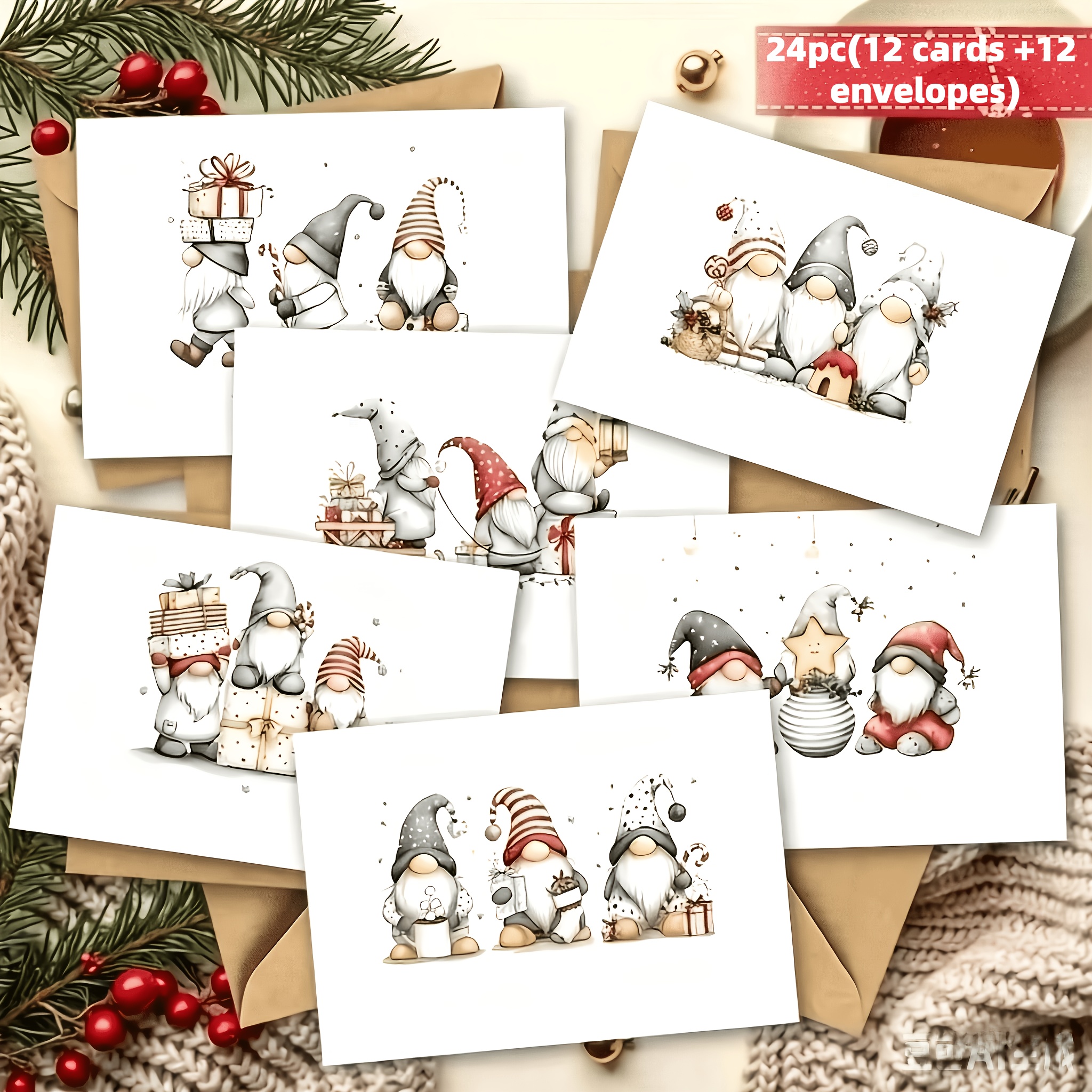 TEMU Lot de 6/12 cartes de vœux avec 6/12 enveloppes, adorables cartes de vœux de Noël avec petits nains, cartes de fêtes d'hiver festives, motif de