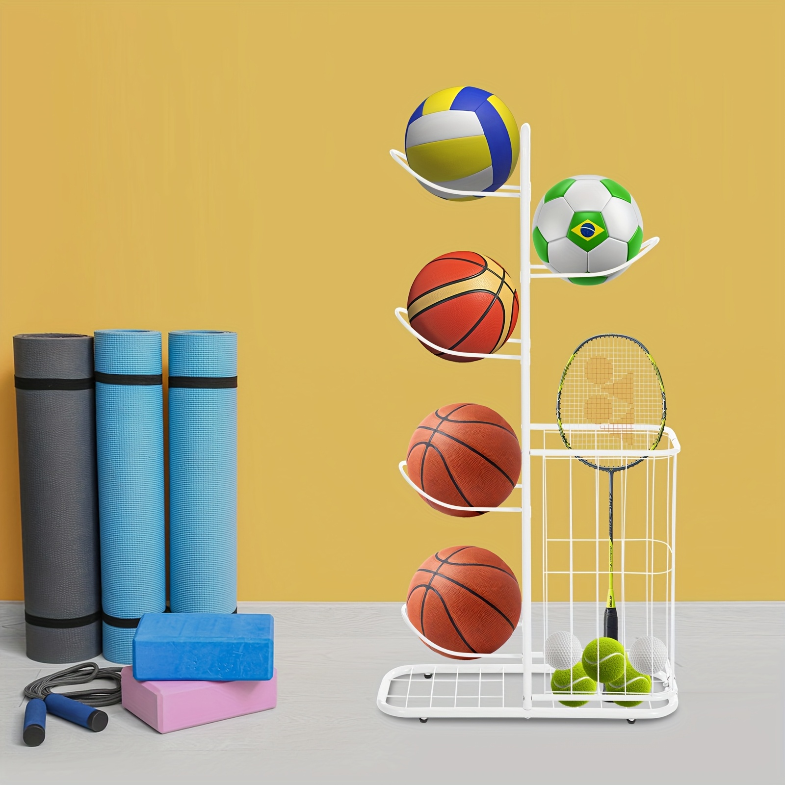 Image of Garage Organiser For Sports Equipment, Basketball Storage Shelf, Removable Standing Rack Holder With 5 Ball Stands And Baskets, Storage Shelf For , Volleyball, Football Display