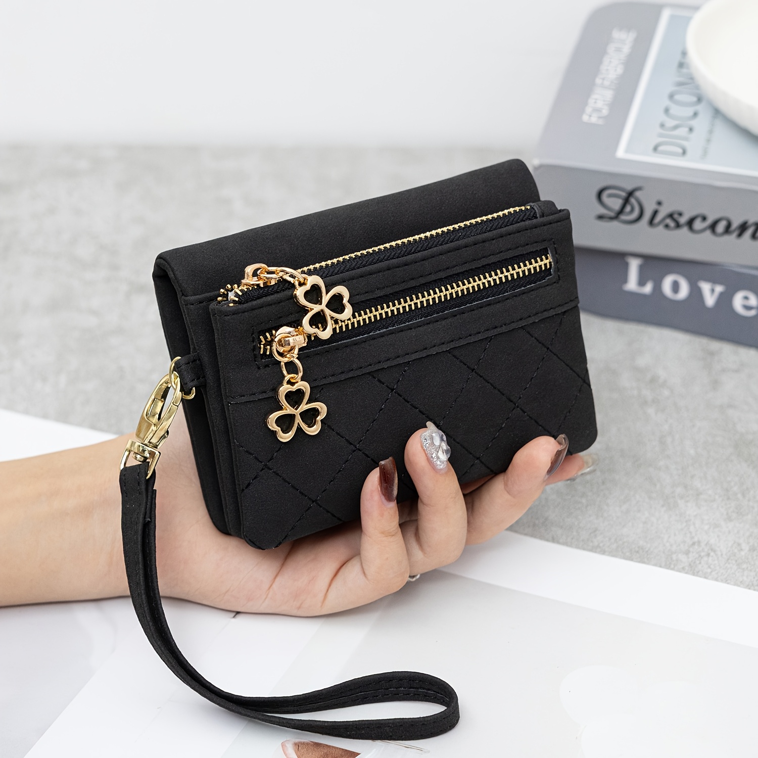 TEMU Minimalist Vintage Rhombus Women's Wallet, Portable Snap Closure Short Wallet With Dual Zipper Coin Pocket, Card Slots, Id Window, And Wrist