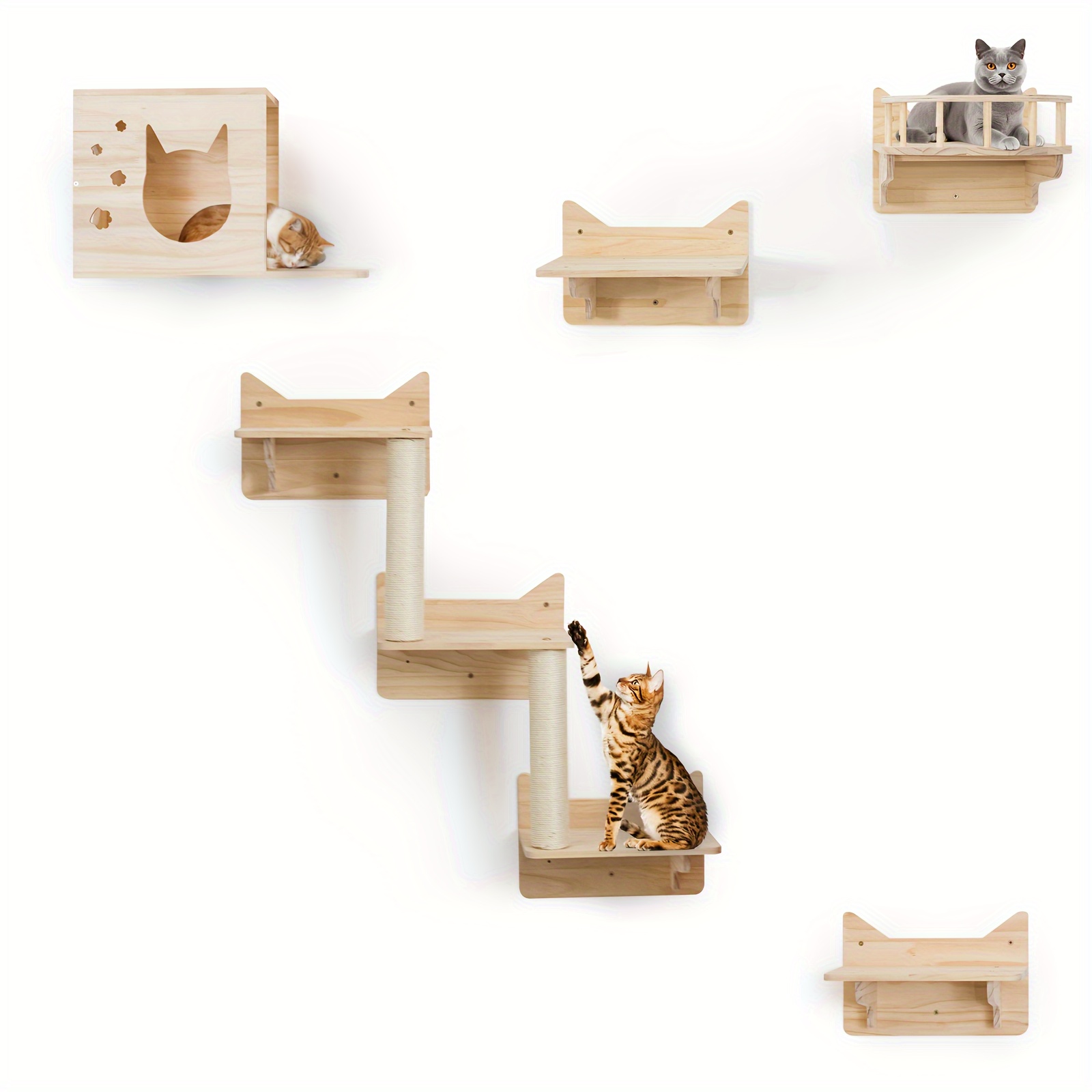 

Pine Cat Wall Shelves, Set Of 5 Cat Wall Furniture, Cat Scratching Post With 3 Steps, Cat Perch, Cat House And Cat Condo - Cat Shelves For Wall