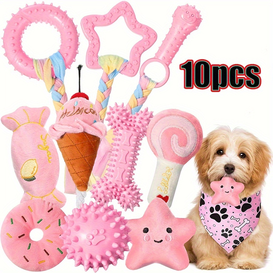 

10pcs Dog Chew Toys Set, Interactive Puppy Teething Toys With Plush And Plastic, Non-toxic Rubber, Teeth Cleaning, Boredom Busting For Small Breeds