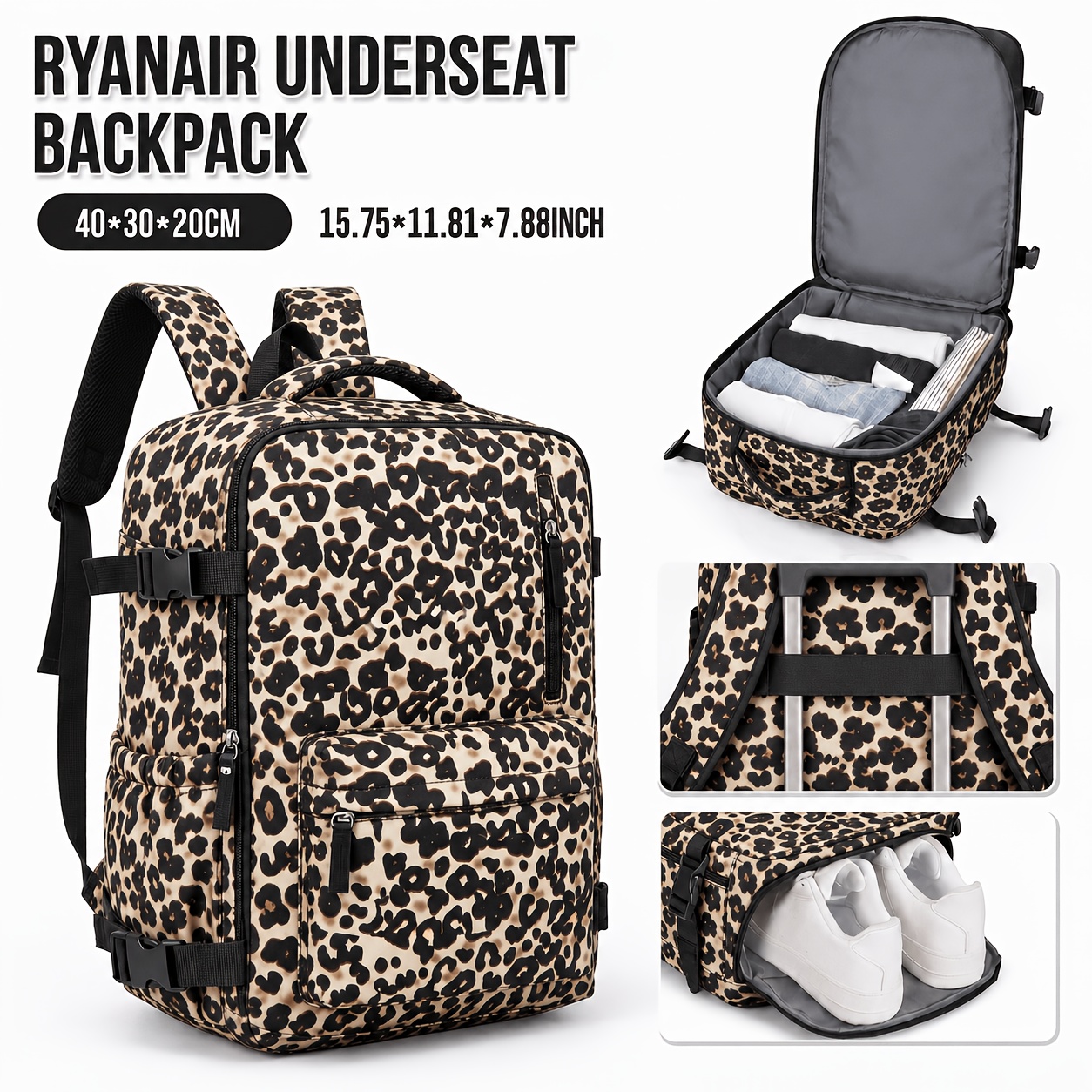 TEMU Ryanair Underseat Backpack 40x30x20cm 15.75x11.81x7.88inch For Men And Women, Leopard Print Carry On Travel Backpack With Shoe Compartment,