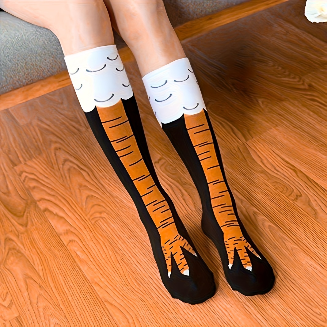 1 Pair Chicken Claw Print Knee-High Socks, 95% Polyester 5% Spandex, Animal Pattern Knit Fabric, Machine Washable, Couple'S Knee-Length Stockings