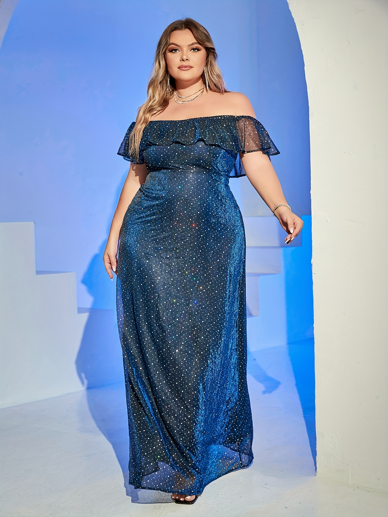 plus size shiny ruffle trim shoulder dress elegant maxi - Temu