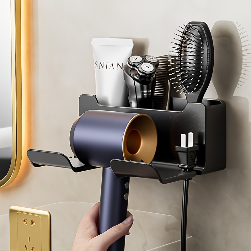 

1pc Wall-mounted Hair Dryer Holder, No-drill Bathroom Blow Dryer Organizer, 6.5x3.9x2.7 Inches, Gun Ash Color, Space-saving Rack With Storage Compartment