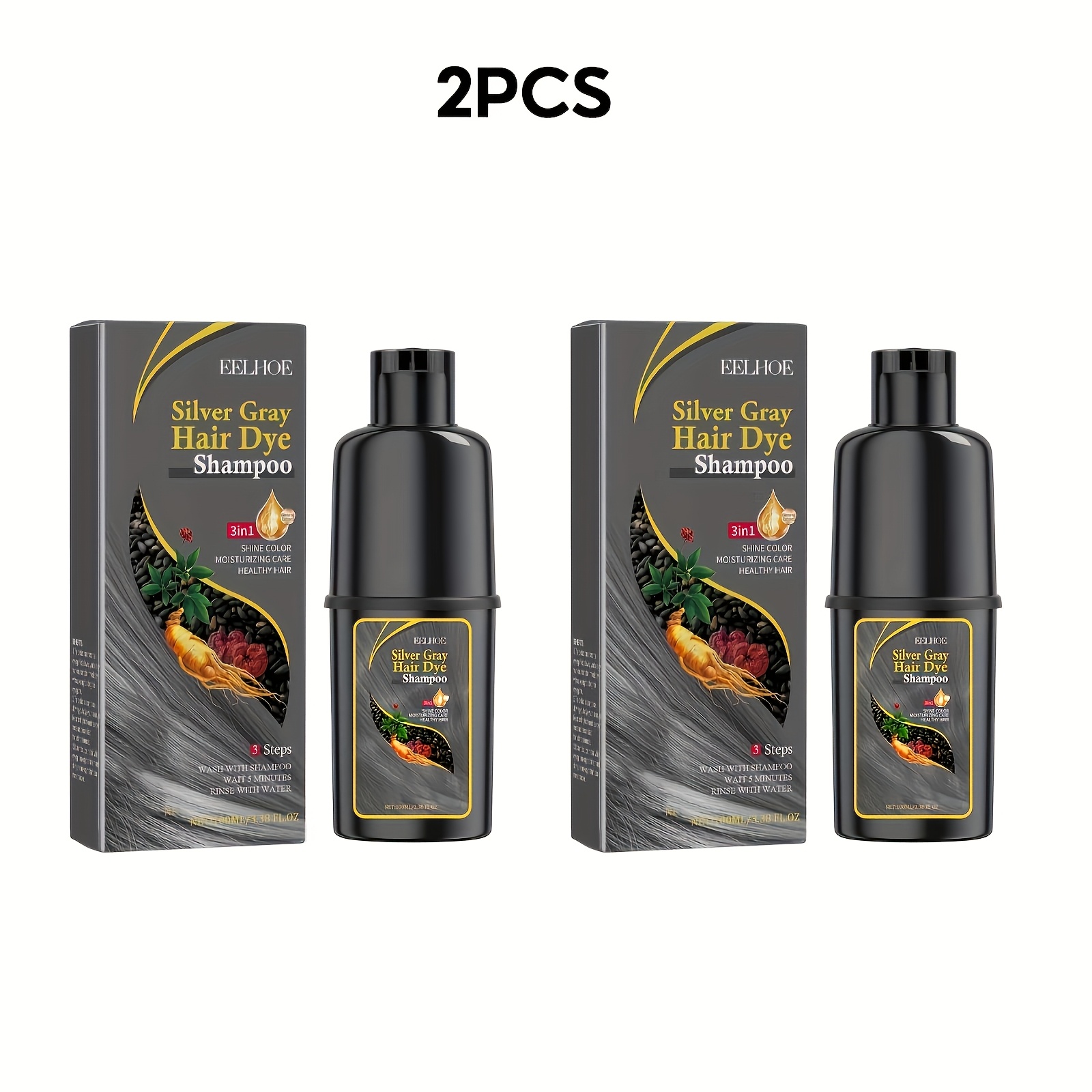TEMU 2pcs Silvery-gray Hair Blackening Shampoo & Dye Gentle Formula Nourishes Hair Effortlessly Trendy, Mood-enhancing Shades Suitable For Diverse