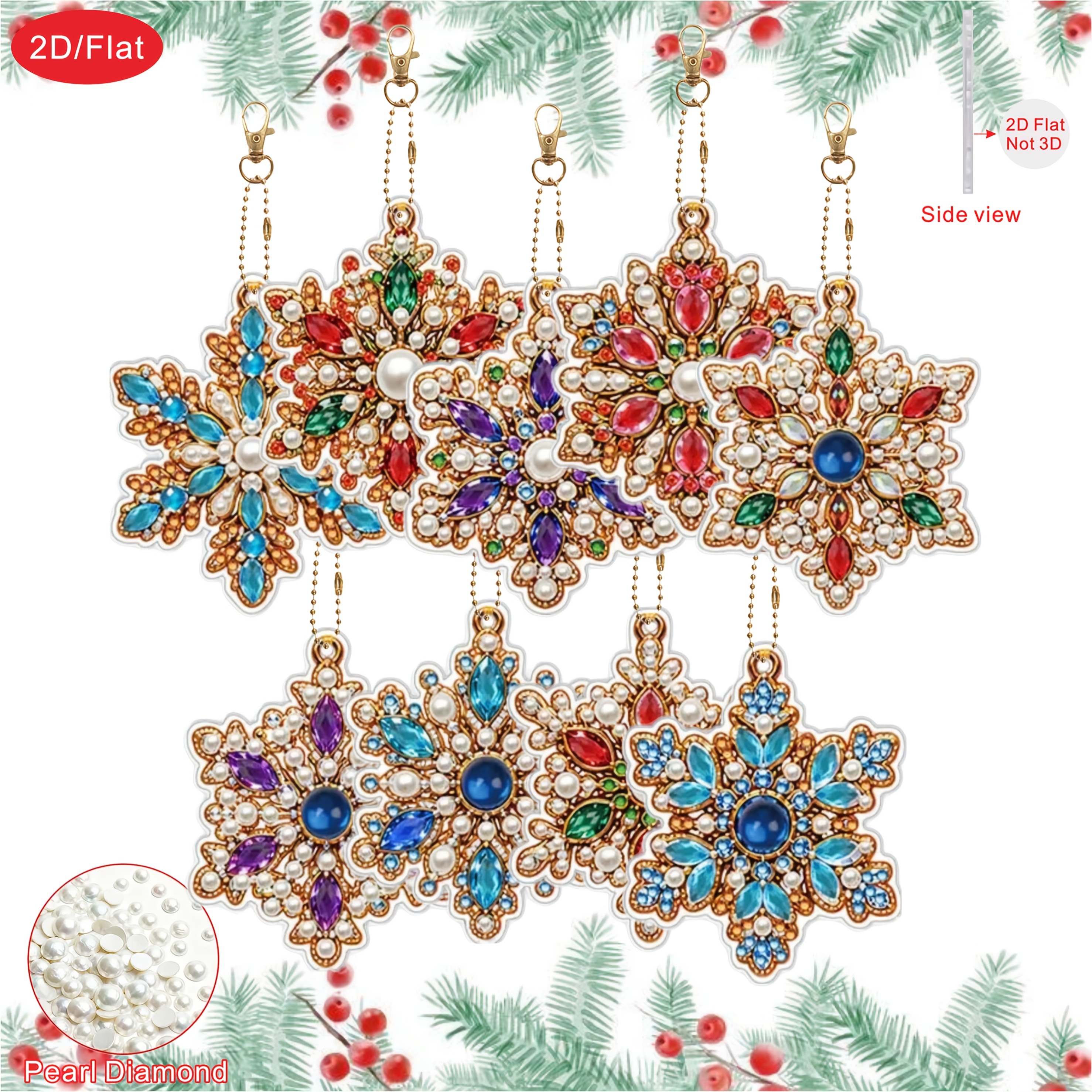 TEMU 2d/flat 9pcs Diamond Painting Art Keychain With Snowflake Pearls And Irregular Diamonds, Suitable For Adult 5d Double-sided Pearl Diamond