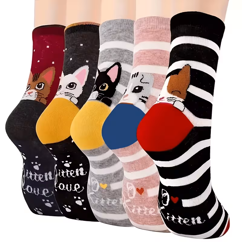 5 paires de chaussettes animales pour femmes, chaussettes de chat de dessin , chaussettes mignonnes pour dames, extensibles, confortables, légères, portables et anti-humidité, chaussettes amusantes pour femmes, pour les amateurs de chats, , fille, et . 0
