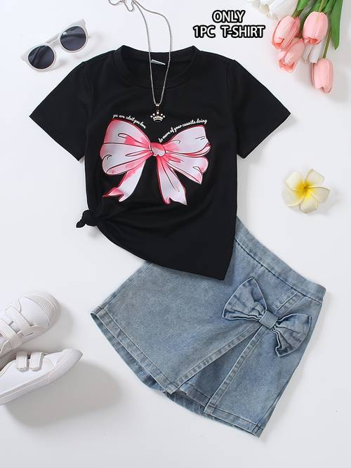 girls round neck t shirt sweet bow summer top breathable knit fabric outdoor shopping campus activities design shorts not included cute t shirt