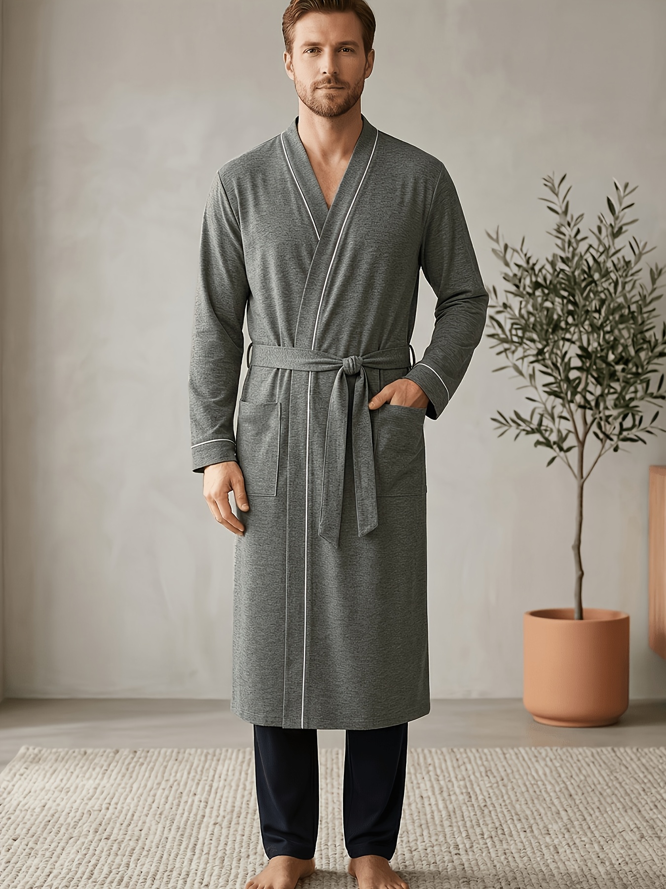 One-Piece *'S Soft Thin Long Sleeve Contrast Trim Robe, Loose Skin-Friendly  Breathable Bathrobe, Comfortable Loungewear Dressing Gown