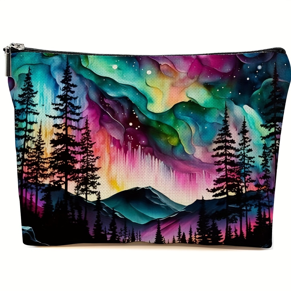 

1pc Fabric Cosmetic Bag With Northern Lights Forest Print, Aurora Borealis Toiletry Pouch For Travel, Nature-inspired Makeup Organizer For Women, Unique Gift For Nature Lovers, Graduation, Birthday