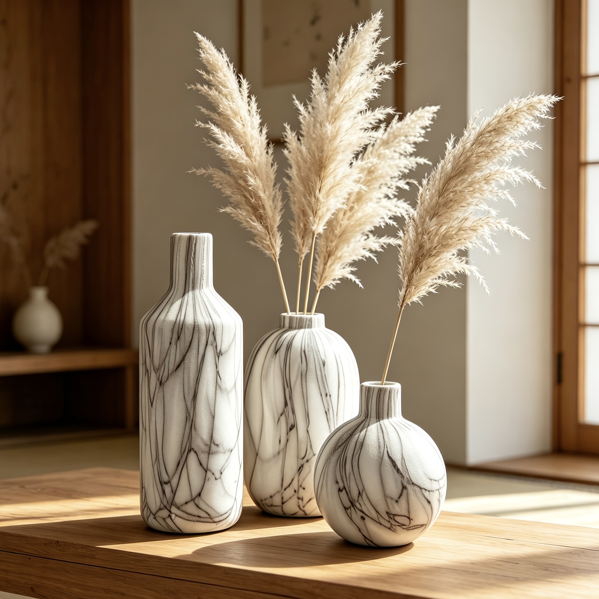 3pcs Wood Grain/Stone Texture Ceramic Vase Set Wabi-Sabi Decorative Flower Pot Ornament Japanese Rustic Style Desktop Home Resident B&B Soft Decoration Dried Flower Arrangement Floral Art All-Match Premium