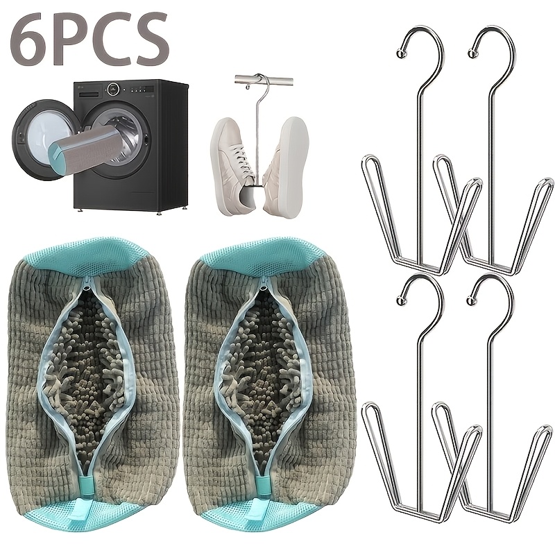 TEMU Lot de 6 sacs de lavage pour chaussures, sac d'entretien pour chaussures + crochet de séchage en acier inoxydable, sacs de lavage et d'entretien