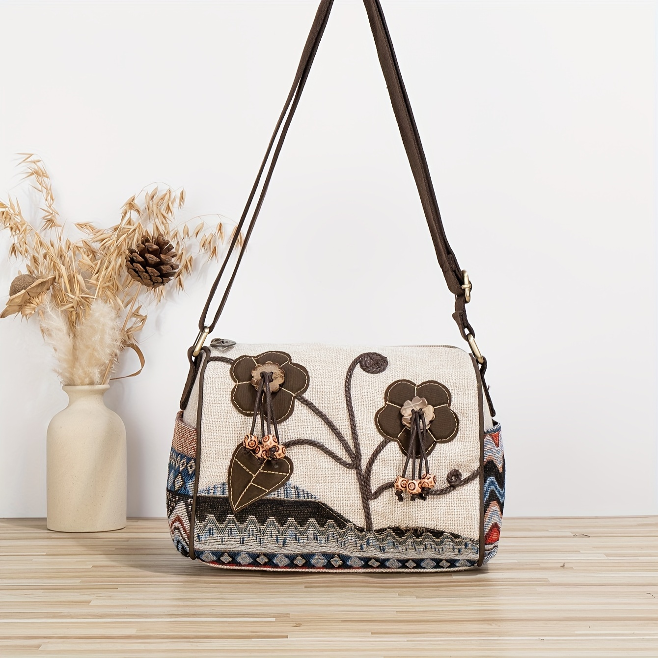 

Vintage Bohemian Style Flower Pattern Shoulder Bag, Classic Elegant Vacation Handbag For Women