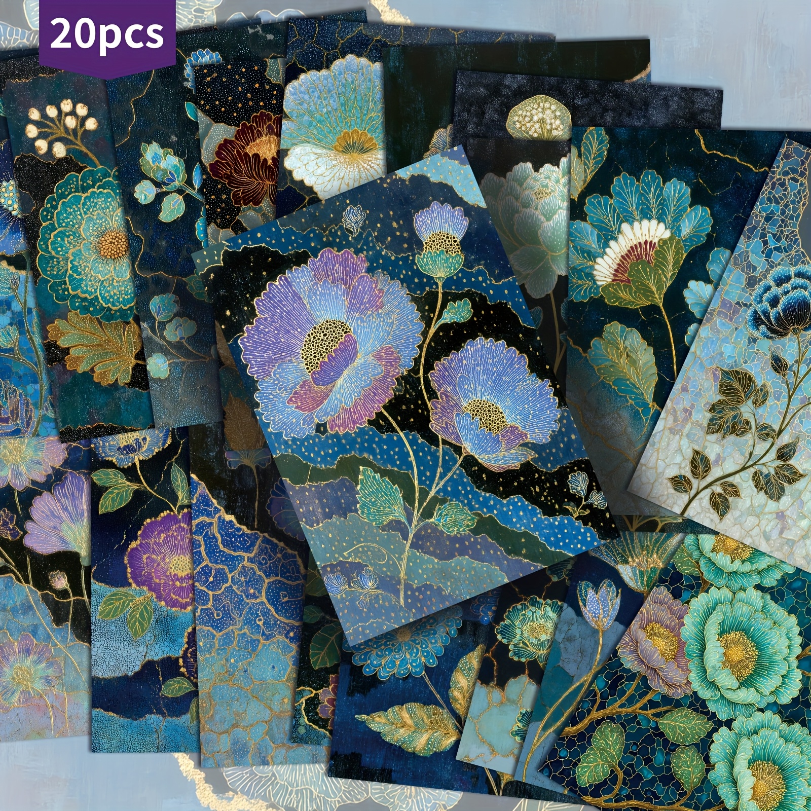 E-shop 20er-Pack Vintage Teal Blumen Buntglas Postkarten - 4X6 Zoll Retro Junk Journal Papier, Klassische Illustrationen, Sammelbare Dekorative Malerei