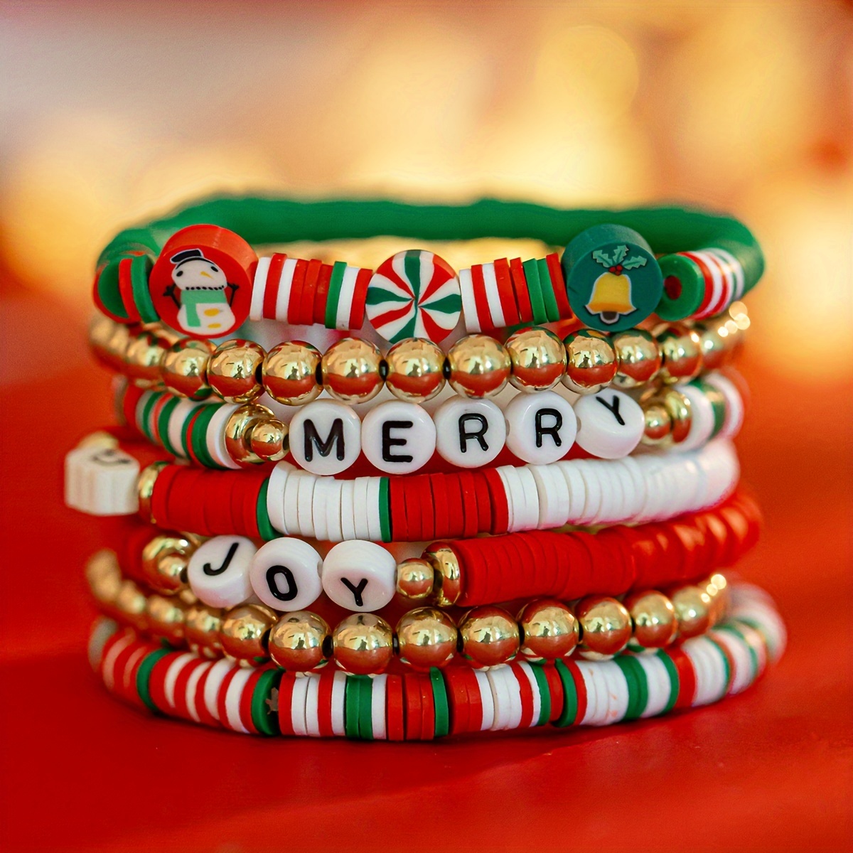 

Christmas Themed Bracelet Set, 7-piece Polymer Clay Bangle Stack With Letter Beads, Boho Elegant Style, Party Favor, No Plating, Gift For Christmas - Season-neutral Holiday Jewelry Collection