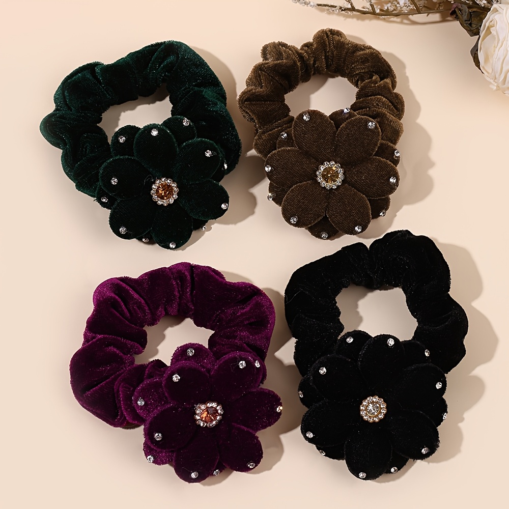 TEMU 4pcs Fall Winter Scrunchies For Women Rhinestone Floral Ruched Elastic Hair Ties Cold Season Daily Commute Banquet Vintage Cottagecore Hair