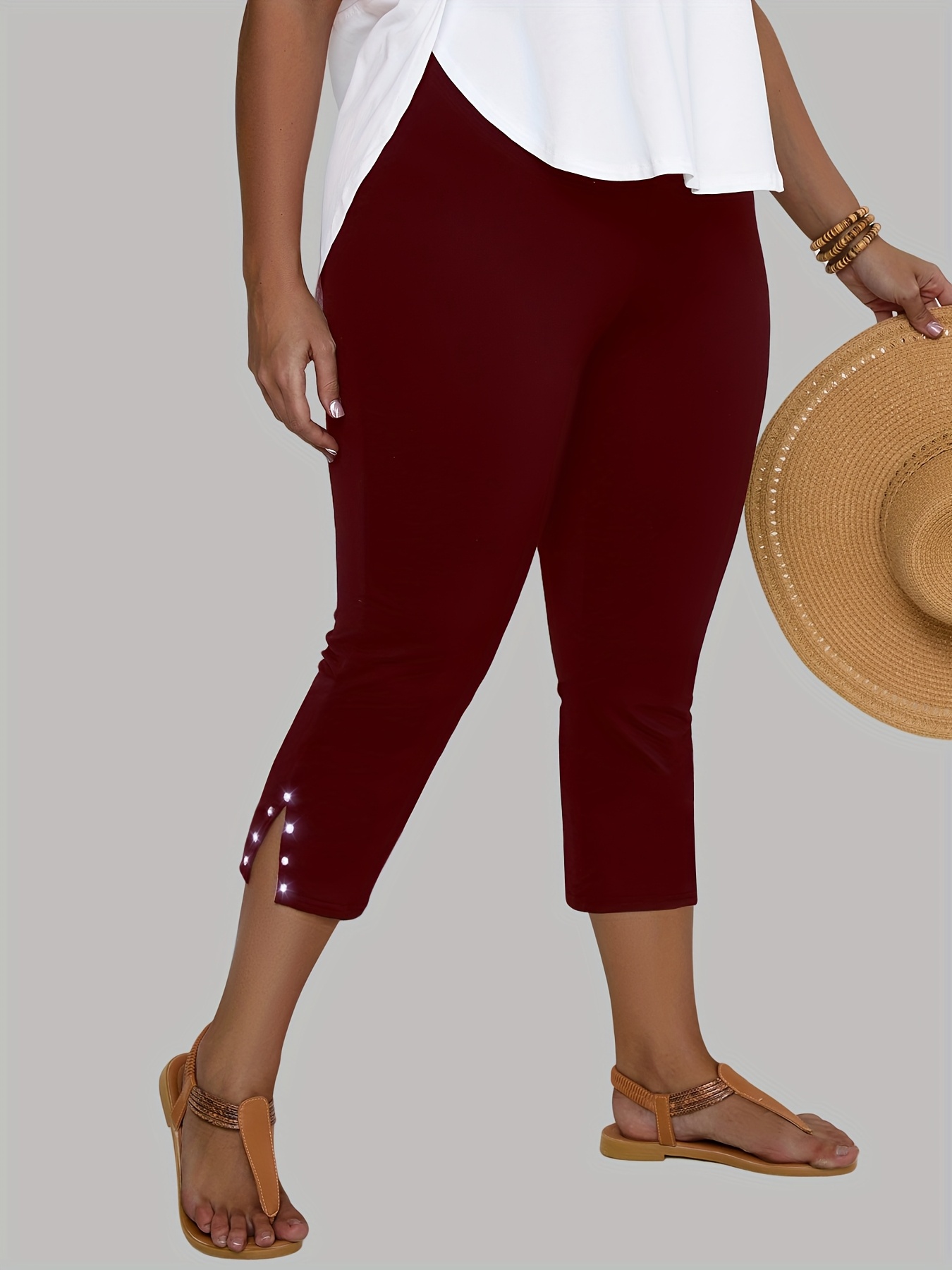 Plus Size, Plus Size High-Waisted Stretchy Rhinestone-Embellished Side Slit Capri Pants - Solid Black Casual Outdoor Leggings for Women, Spring/Summer Fashion, High Waist Pants, Spring Summer Apparel, Nontransparent Fabric, Spring Fashion, Breathable Material, Summer Wardrobe