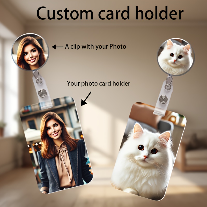 

1pc Personalized Acrylic Badge Holder With Retractable Reel, Custom Card Holder, Picture Name Tag Clip, Pet And Cardholder, Unique Office Accessory, Great For Christmas Gifts