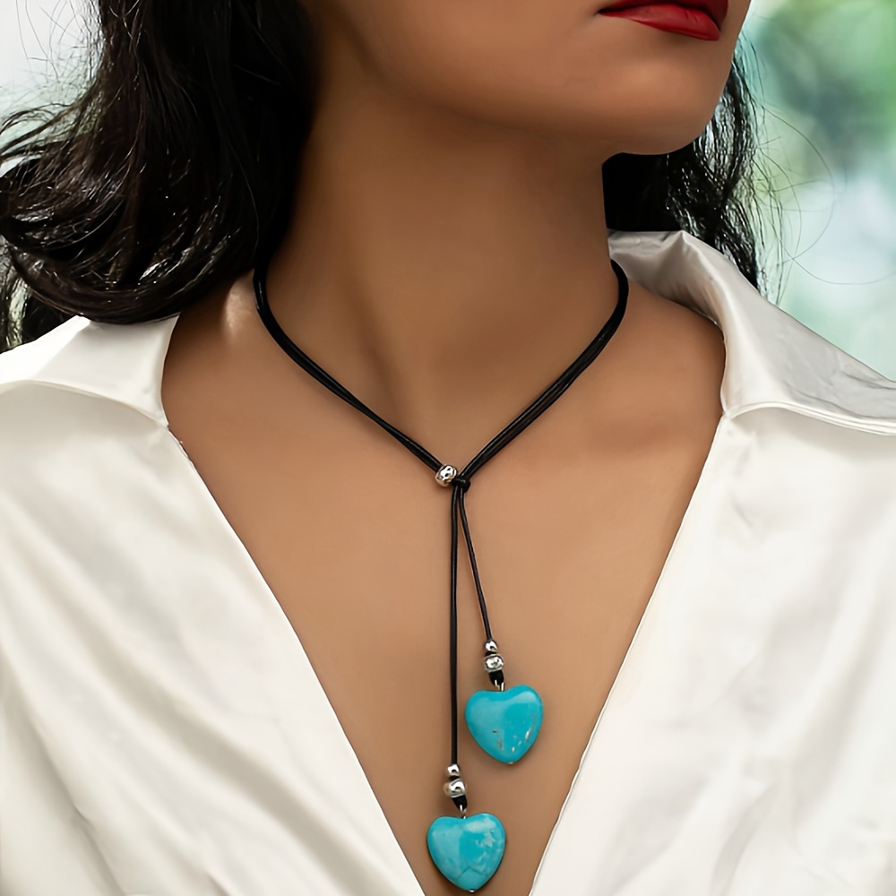 

1pc Love Heart Turquoise Pendant Lariat Necklace Vintage Boho Style Adjustable Length Y Shape Necklace Vacation Party Jewelry
