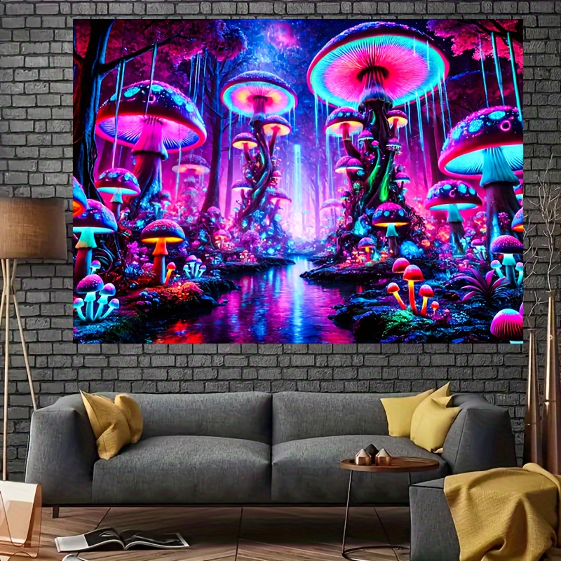 

Uv-reactive Fantasy Mushroom Tapestry - 100% Polyester Decorative Wall Hanging, Multipurpose -the-dark Background For Bedroom, Party, Game Room, Living Room - 1pc, 59.06x78.74 Inch