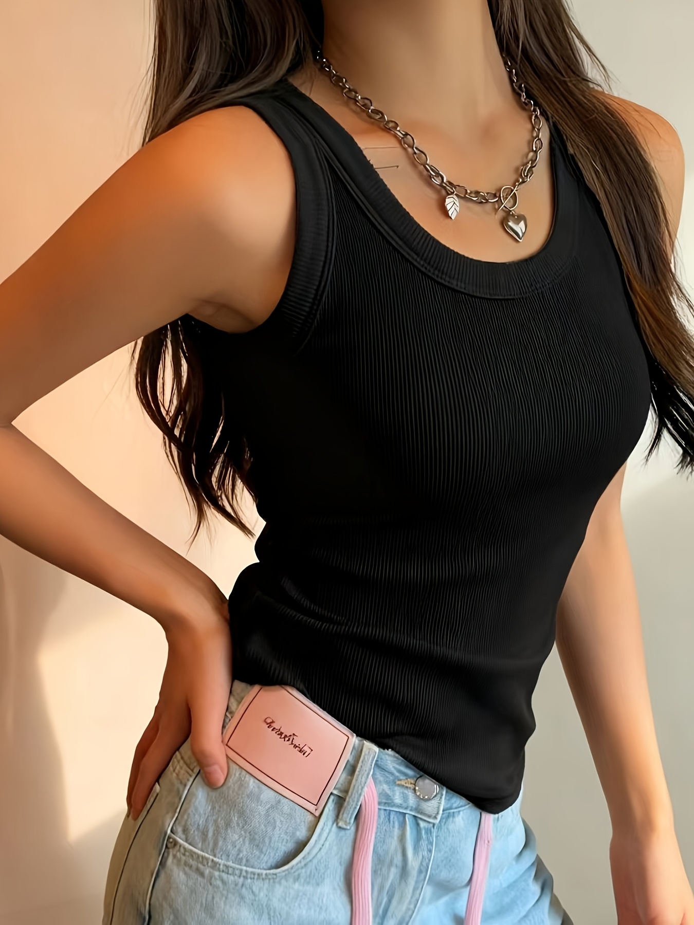 ladies elegant casual ribbed vest sleeveless round neck summer top solid color and versatile style suitable for daily or formal occasions made of stretch fabric fashionable and warm outfit with comfortable stretch design
