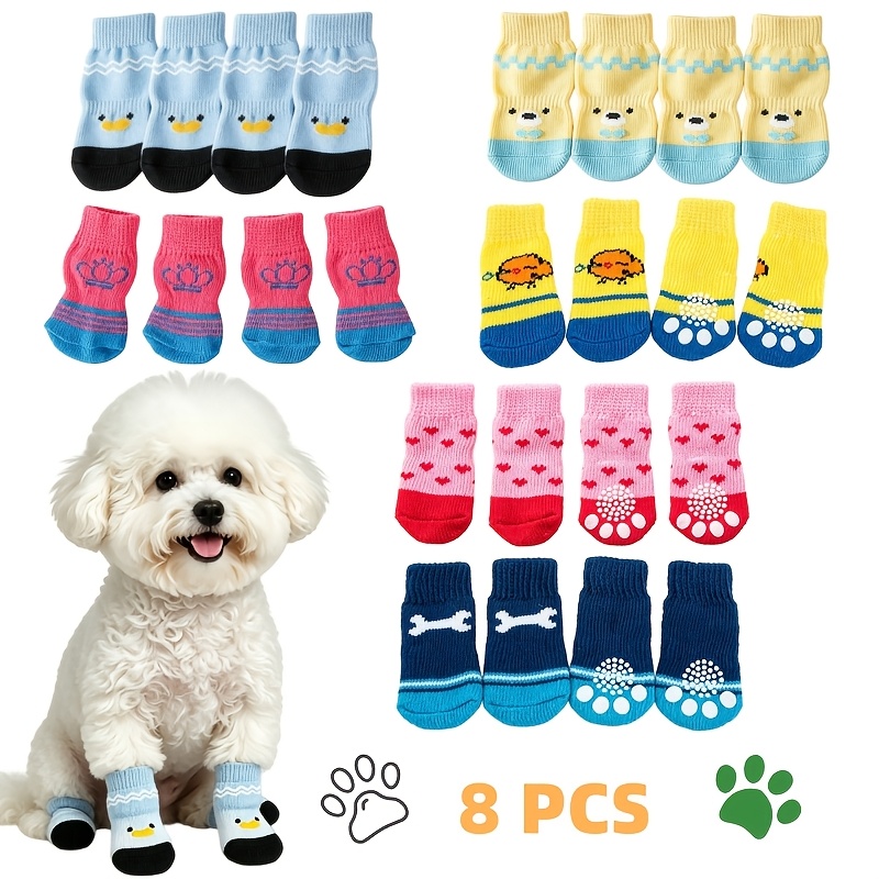 TEMU 8pcs Cute Cartoon Non-slip Dog Socks Random Style - Durable Polyester Paw Protection, Anti-licking, Suitable For Indoor/outdoor Dogs And Cats,