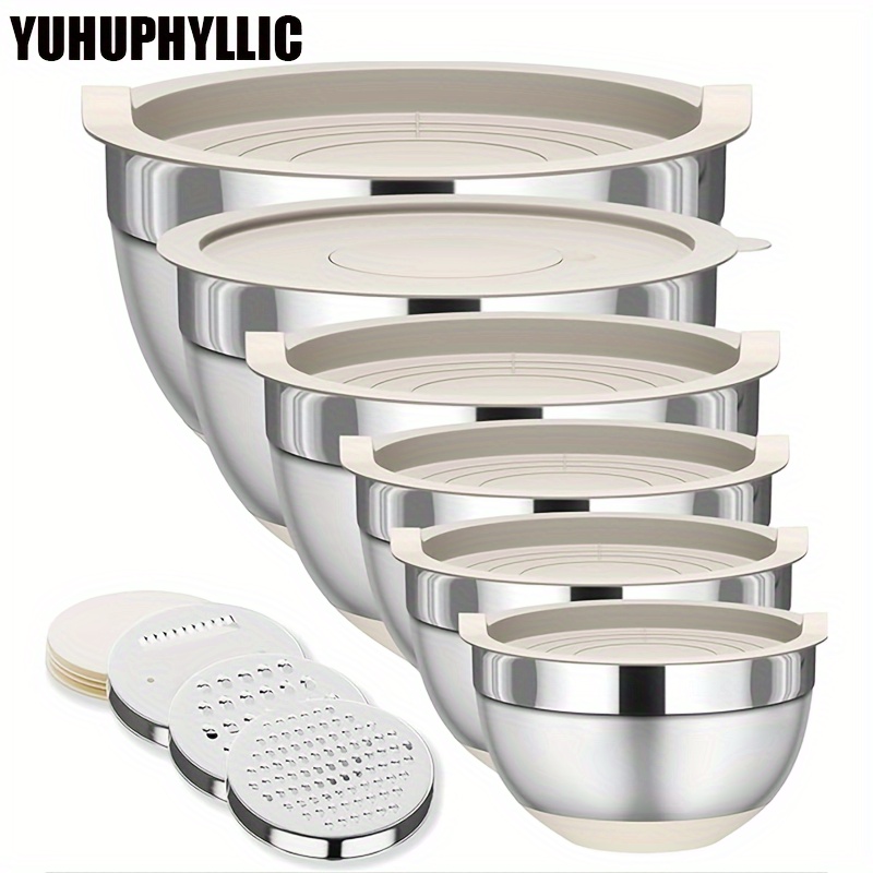 

Yuhuphyllic 9pcs Lid, Stainless Steel , 3 Grater Attachments, Metal Bowl And Airtight Lid, For /cooking