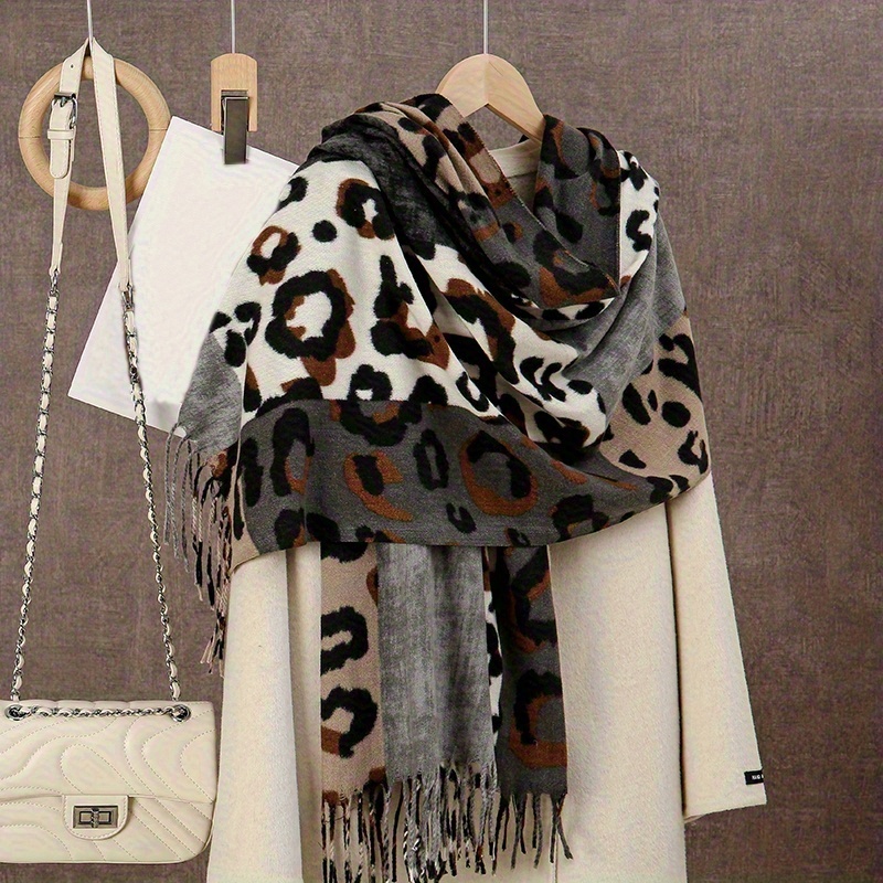 Leopard Block Long Scarf, Fashionable Warm Shawl For Outdoor Cold Weather, Neck Warmer