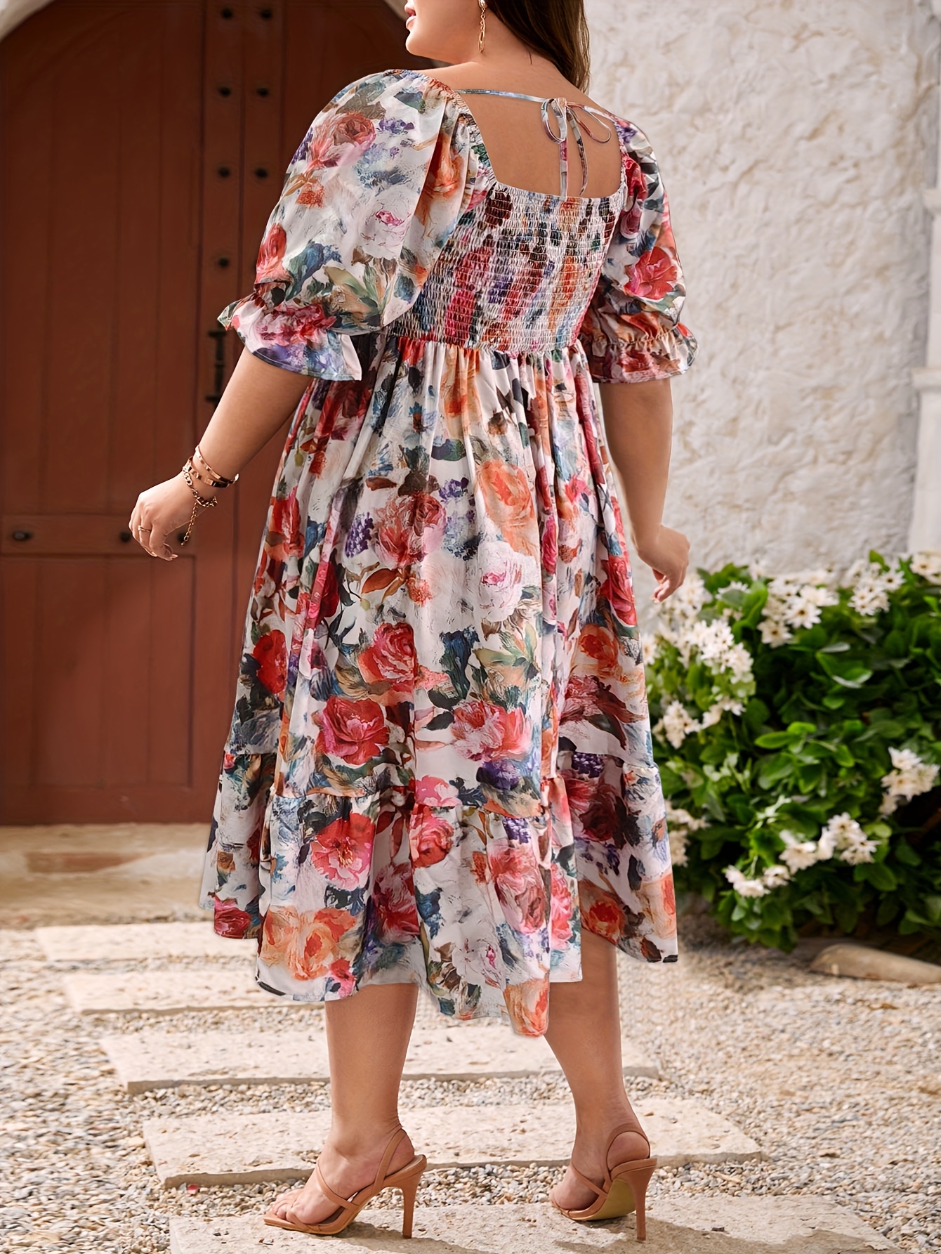 Sun Dresses Shein Plus Size Floral Summer Dresses Women Square Neck Tie  Front Slit Hem Midi