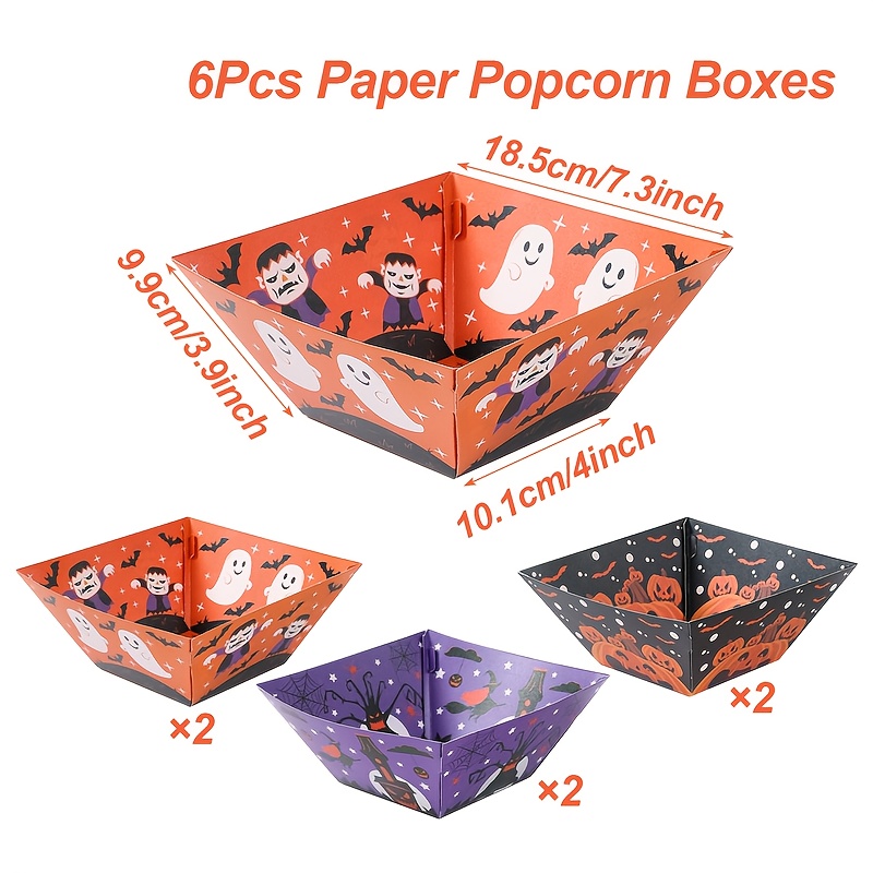 Image of 6pcs, Halloween Popcorn Box, Party , Pumpkin, Bat & Design, Chips & Paper Box, Popcorn Serving Bowl, Trick Or Treat Snack Tray, Happy Halloween Party Decor