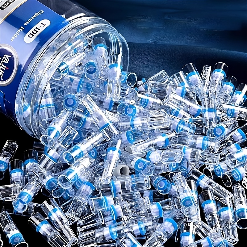 elementbilde engangs trippelfilter sigaretttupp, unisex filtre for menn og kvinner, dobbelbruks filtre for både tykke og tynne sigarettstumper, tilgjengelig i tønneemballasje med 100 stk og bærbar eskeemballasje med 5 stk