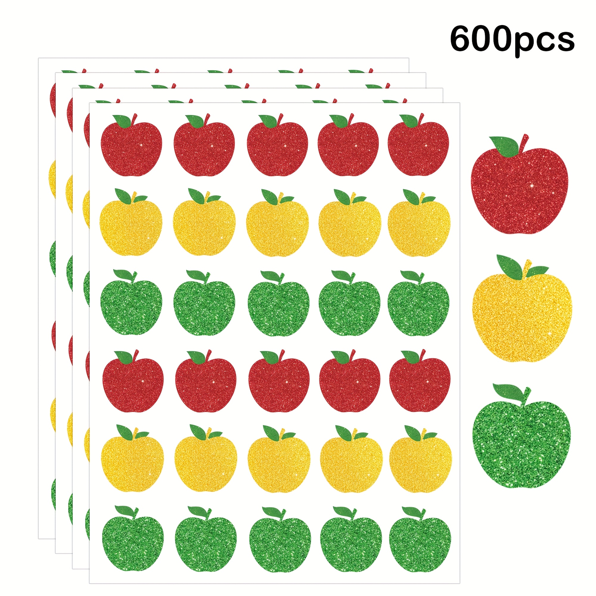 600 stuks Glitterstickers in Appelvorm - Terug naar School, Herfstdecoratie, Beloningsstickers voor Leraren voor de Eerste Schooldag, 3 Kleuren