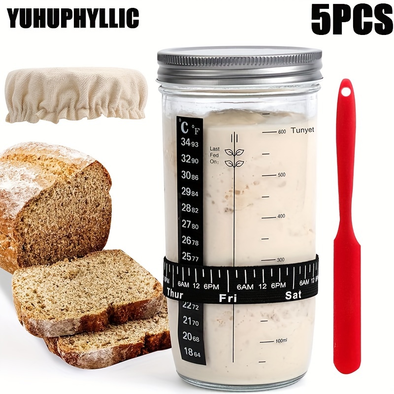 

Yuhuphyllic 5pcs Sourdough Kit, 24oz Fermentation Jar With Date , Feedings Strap, Thermometer, Spatula, Cloth Cover & Metal Lid, Plastic Food-safe Bread Baking Supplies