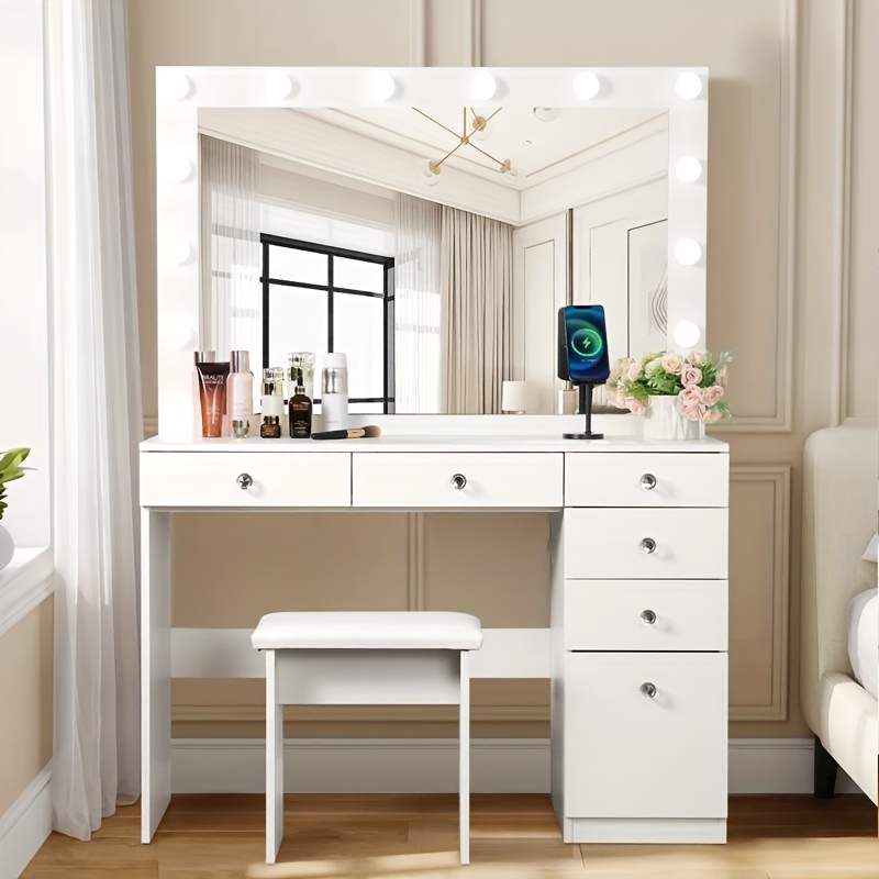 

Makeup Vanity With Outlets & Lighted Mirror, 5 Drawers & A Big Cabinet, Spacious Storage Dressing Table For Beauty