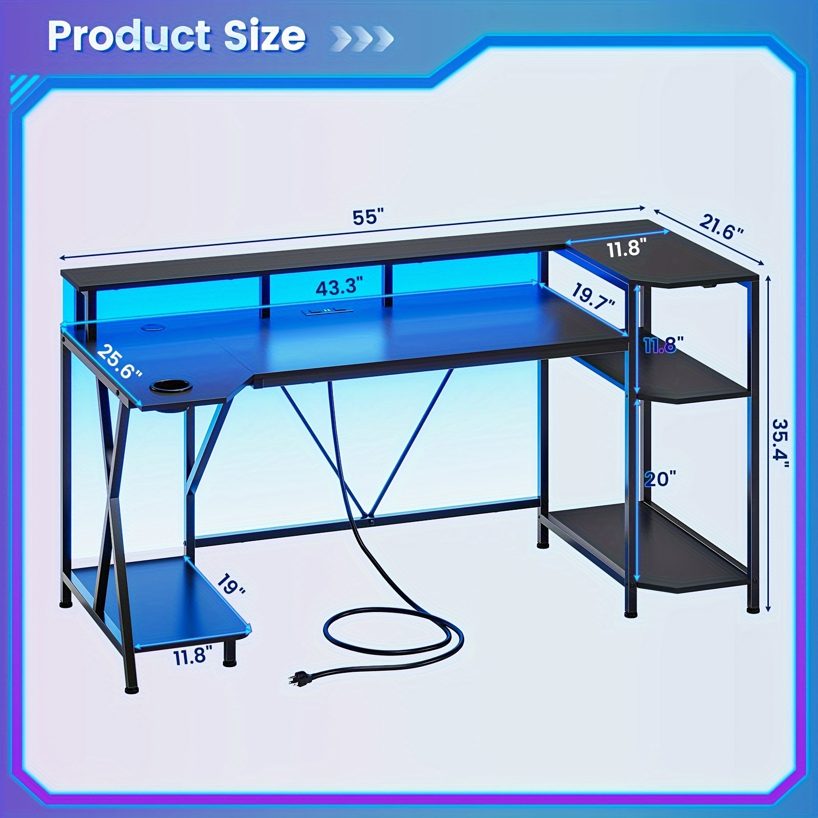 TEMU Gaming Desk With Power Outlets & Led Lights, 55" Computer Desk With Monitor Stand, Cpu Stand & Cup Holder,