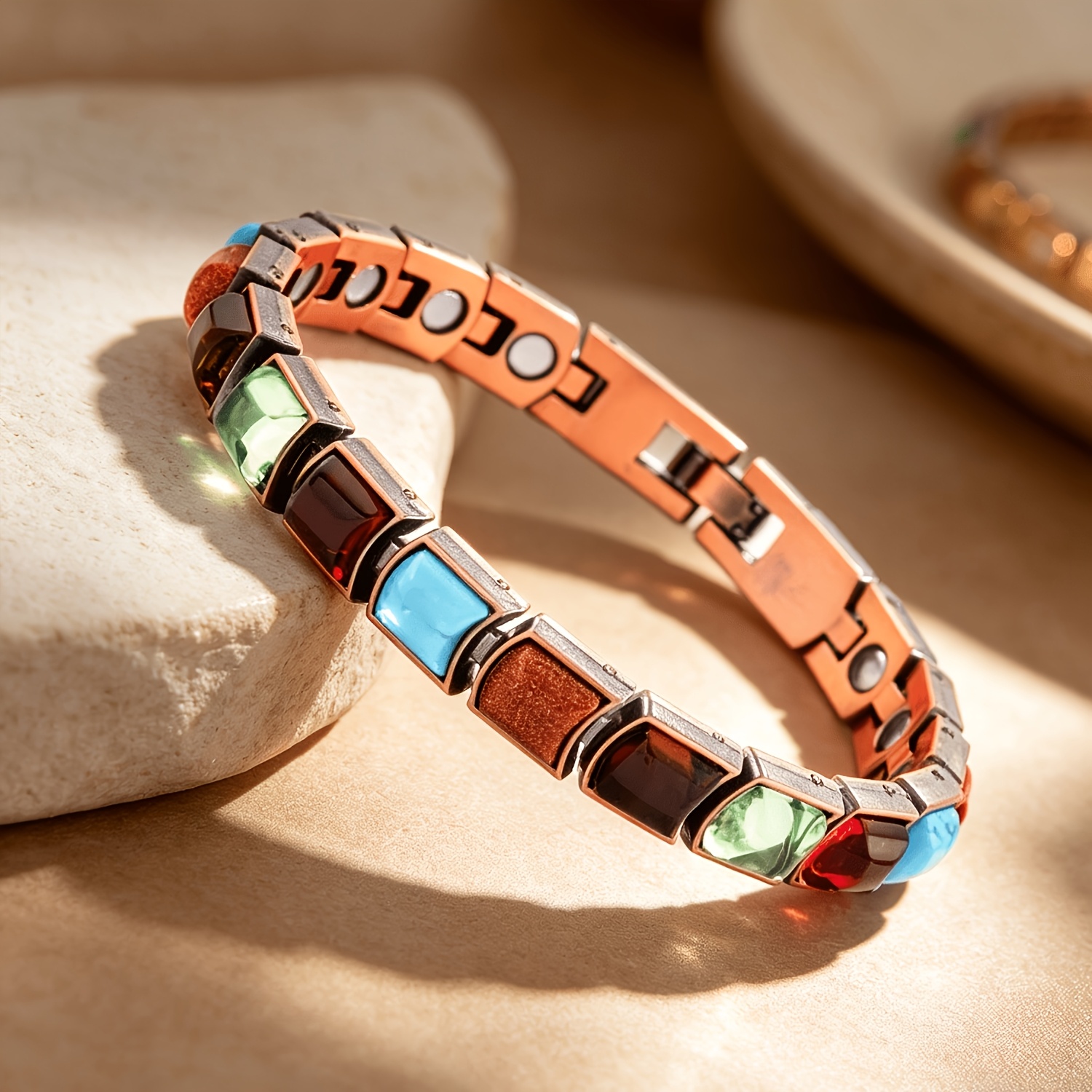 TEMU 1pc Bohemian Solid Copper Bracelet, Colorful Natural Stones Bracelet, Featuring 3500 Magnet. Waterproof And Sweat-resistant, , Valentine's Day,