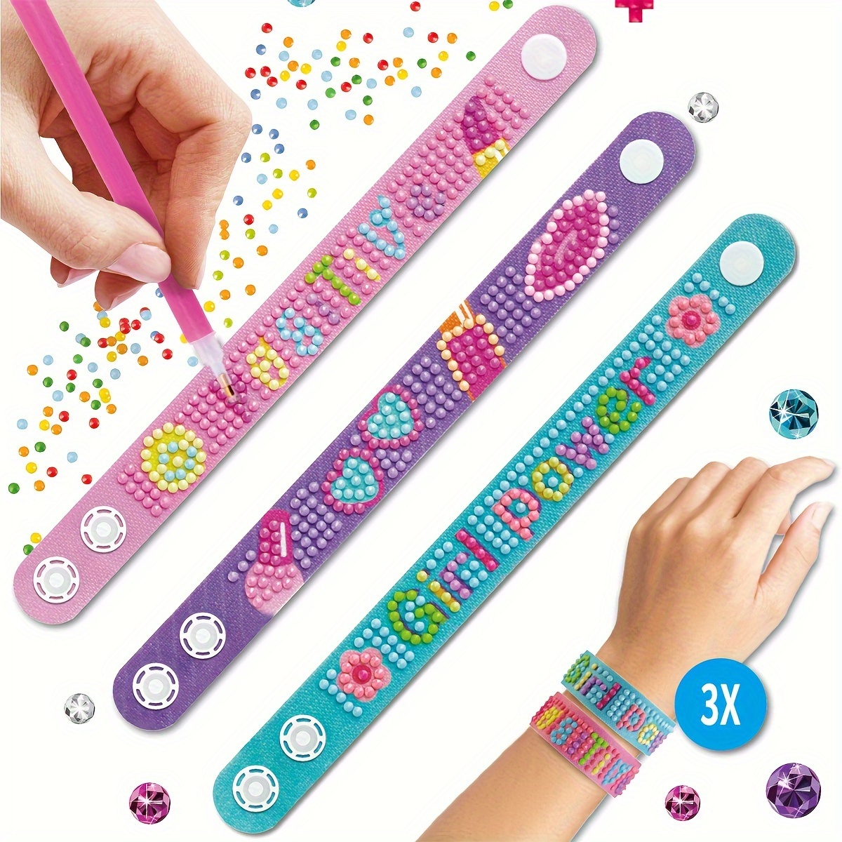 

3 Pack Diy 5d Diamond Painting Bracelet Kits For Kids, Round Acrylic Diamond Art Craft Bracelets, Diamond Dotz With Tools Set - Eva Material Diamond Mosaic Wristbands