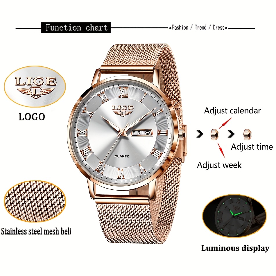 LIGE Dames Elegant Roestvrij Quartz Analoog Horloge met Datumkalender, Quartz Polshorloge Geschikt voor Dagelijks Gebruik - Tijdsmeter, Valentijnscadeau voor Vrouwen & Mannen (Merk)