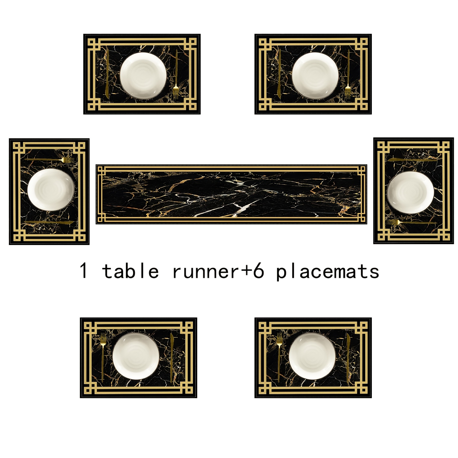 TEMU 5pcs/7pcs Table Flag And Placemat Set, Marble Abstract Black And Golden Element Pattern Placemat, Coaster, Table Flag, Suitable For Kitchen