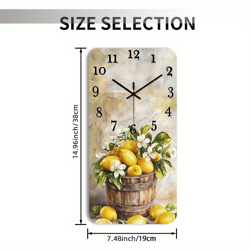 E-shop eine nicht-tickende 2D-Flachwanduhr aus Holz, mit einem dekorativen quadratischen Design mit Zitronen und Blumen, geeignet für Küche,