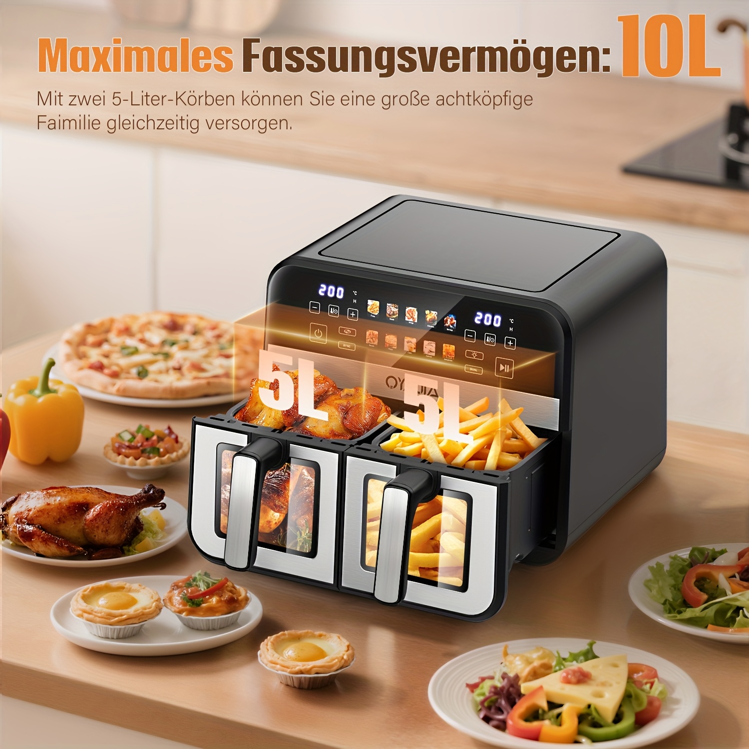10L Dubbele Mand Airfryer Oven met Easy View Windows, Sync Finish, Hi-Fry, Auto Shutoff, 2 Onafhankelijke 5L Anti-aanbak Frituurmanden, Digitale Dubbele Air Fryer, Snelle & Gemakkelijke Maaltijden in Minuten, Met Digitale Timer en Schudherinnering