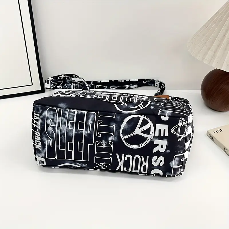 1pc steampunk style oxford cloth tote bag fashion shoulder bag with fixed straps foldable with magnetic closure polyester lined large capacity graffiti letter print shopper details 9