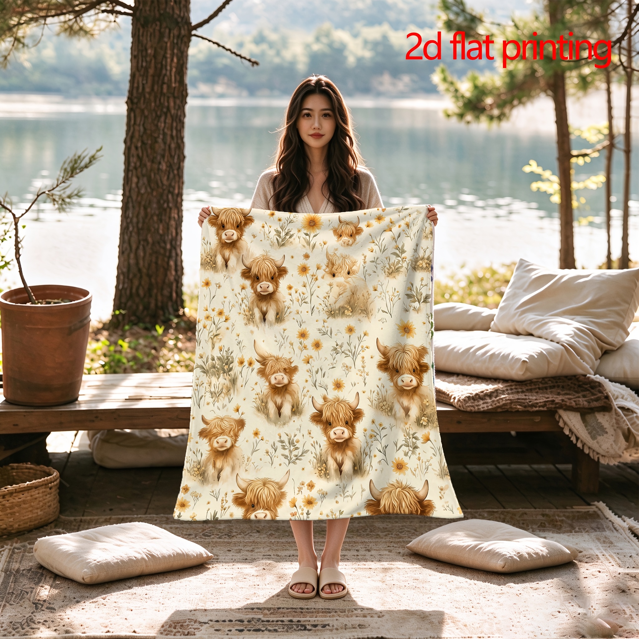 TEMU 2d Flat Printing 1pc Retro Highland Cow And Sunflower Printed Soft Fleece Blanket, Single-sided Printing, Soft And Comfortable, Use, Perfect For