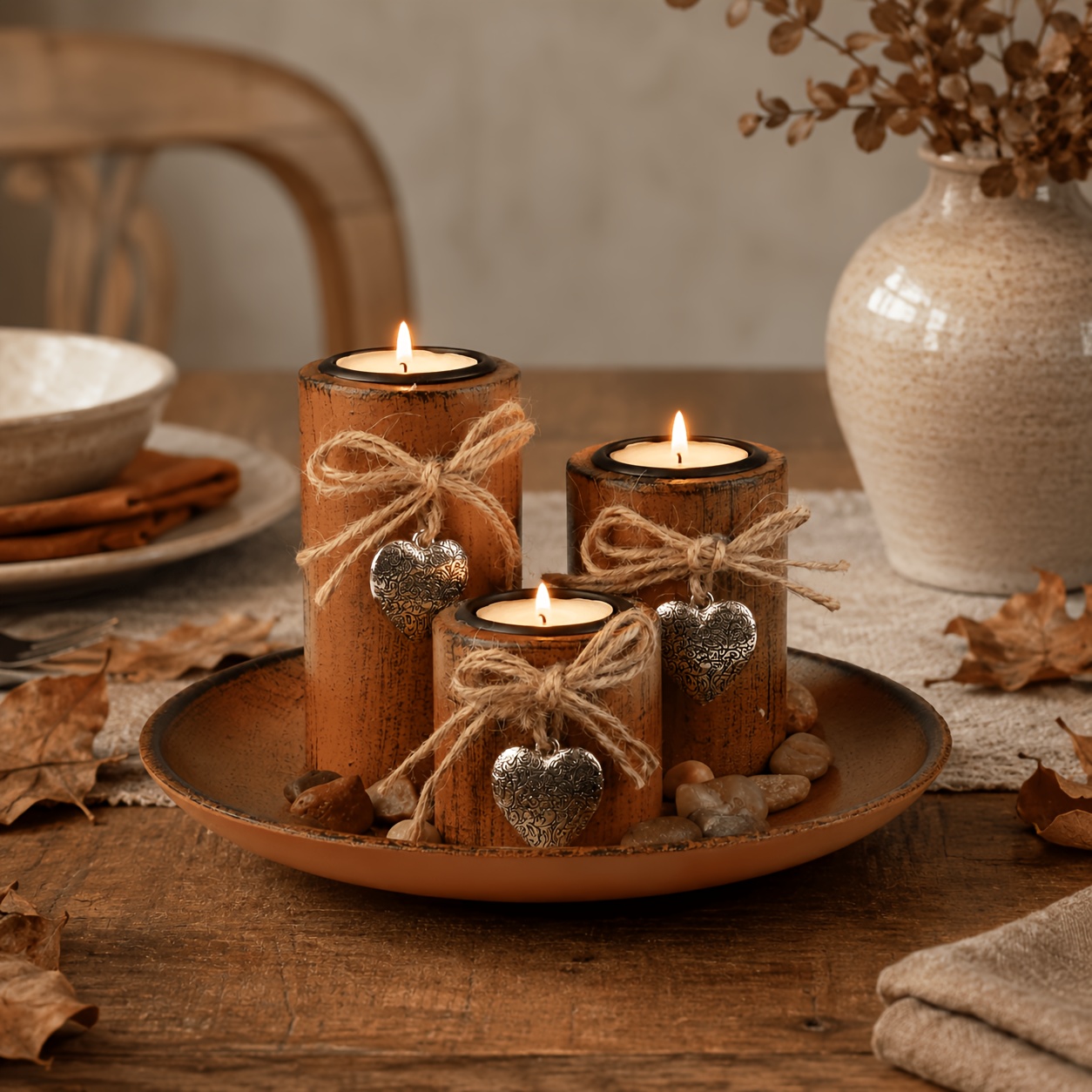 TEMU Rustic Farmhouse Candle Holder Set With Decorative Tray – 3pcs Wooden Pillar Candle Holders, Twine Bow And Vintage Heart Pendant Design, Table