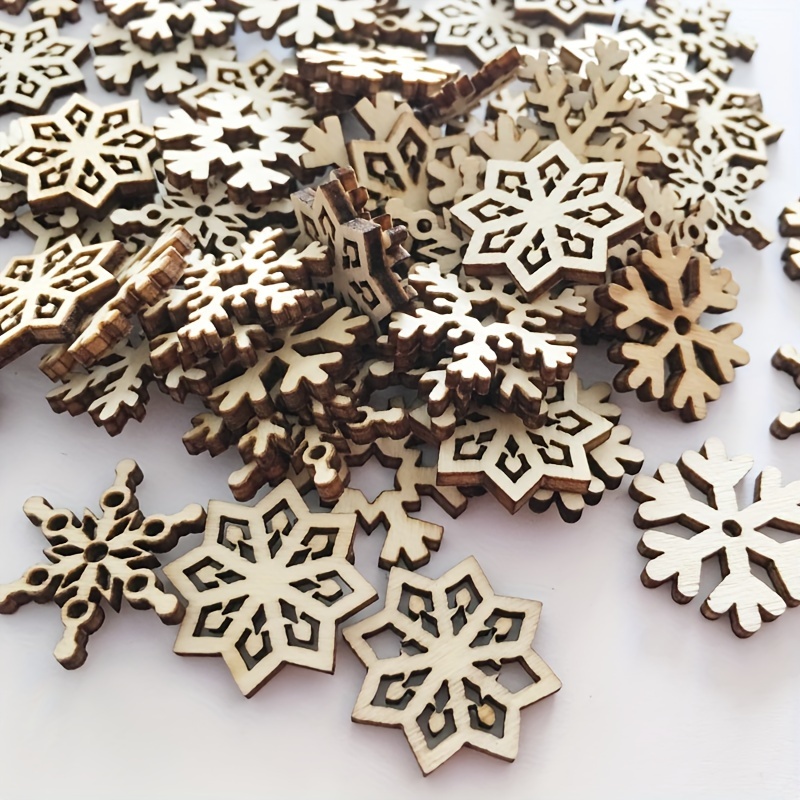 

100pcs, Mixed Wooden Snowflake Cutouts, Assorted Designs Diy Craft Chips, Wood Christmas Tree Ornaments, Festive Wedding & Party Decorations, 2.3cm/0.9in Holiday Embellishments
