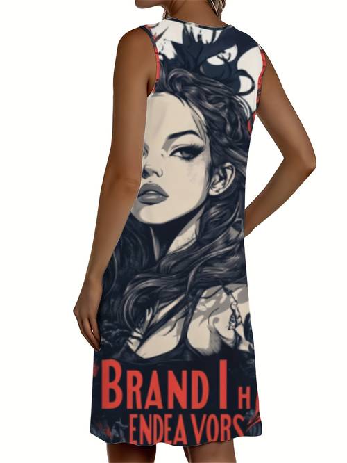 womens sleeveless graphic print midi dress soft breathable stretchy fabric round neck casual summer dress with bold red black artwork machine washable all season wear versatile fashion artistic design easy care fabric casual attire comfortable fit trendy outfit