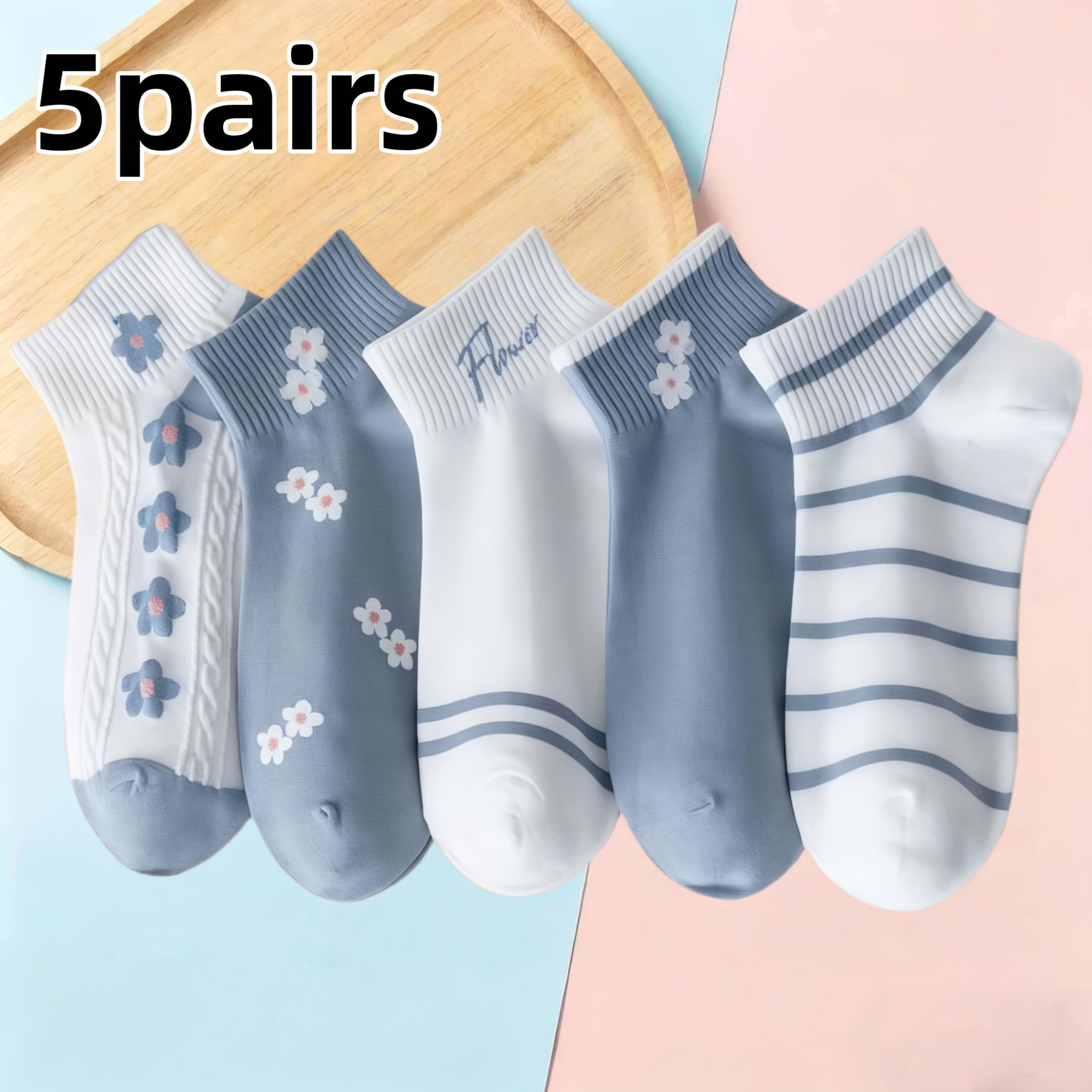 Image of 5 Pairs Women's Breathable Lightweight Ankle Socks - Spring/summer Floral Pattern, Casual & Formal Wear, Cute White And Blue Fun Socks