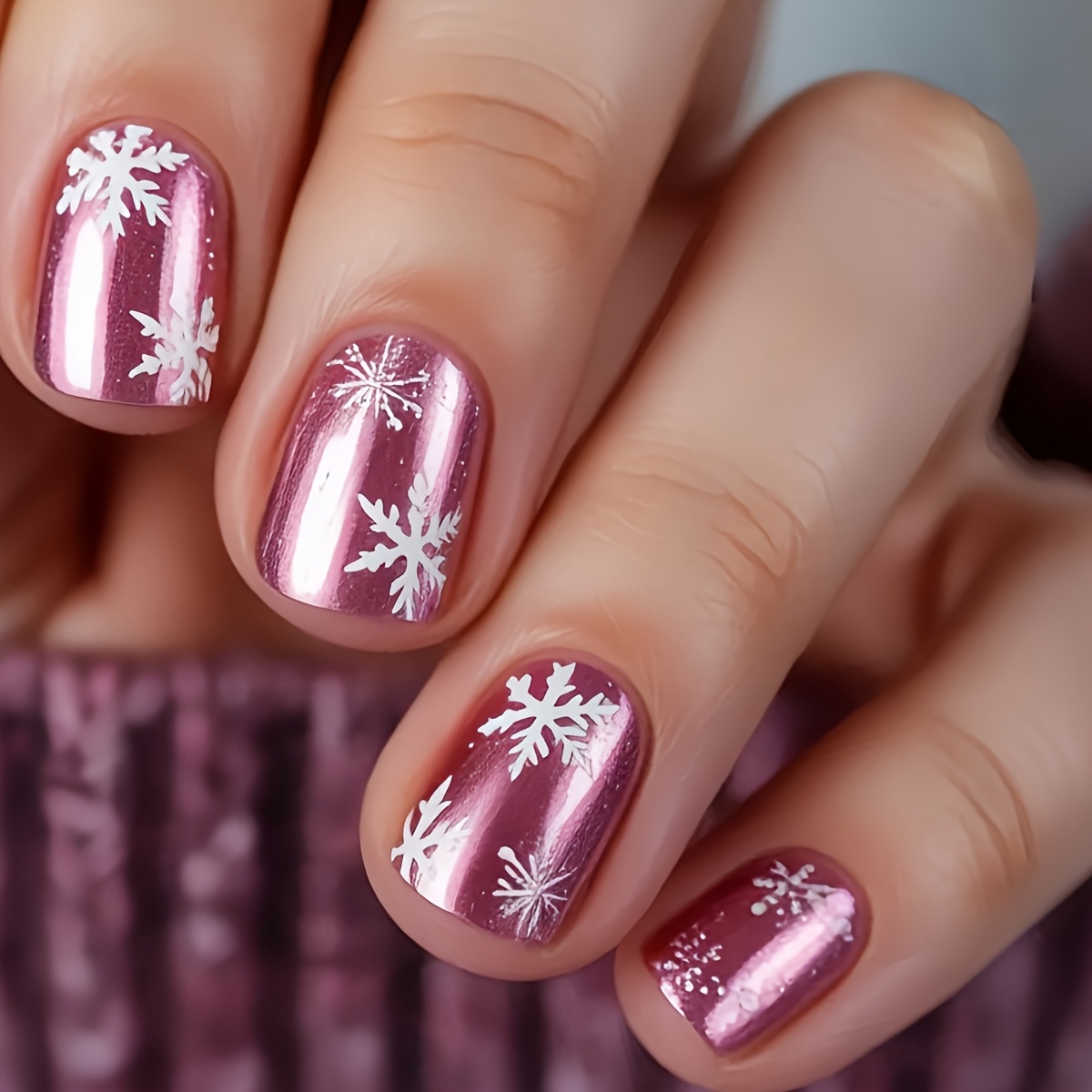 TEMU Christmas Nail Art Short Pink Snowflake Pattern False Nail Patches Removable 24pcs Nail Art Suitable For Christmas And Daily Wear