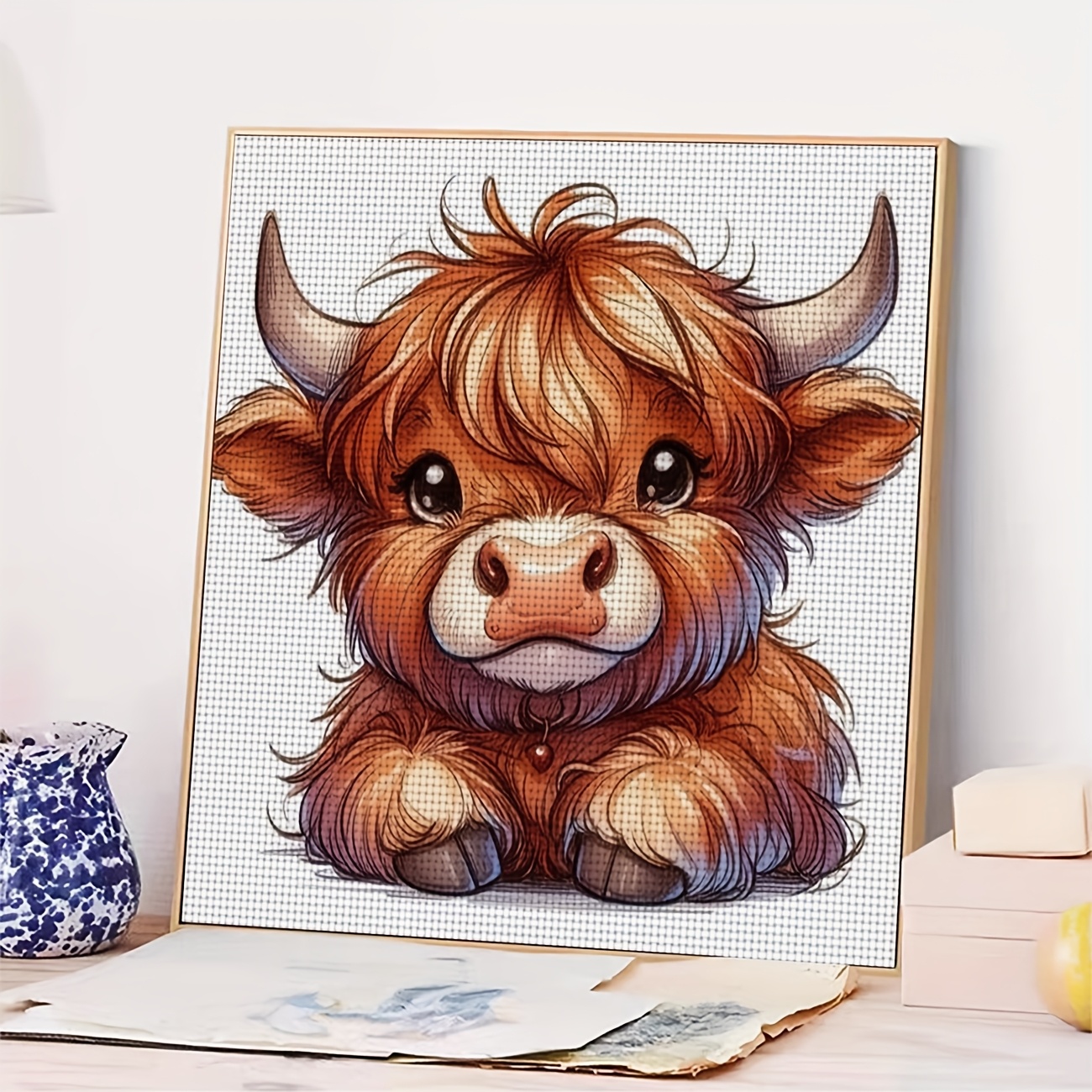 Cross-Stitch Kit - Cute Long-Haired Calf Design for Beginners